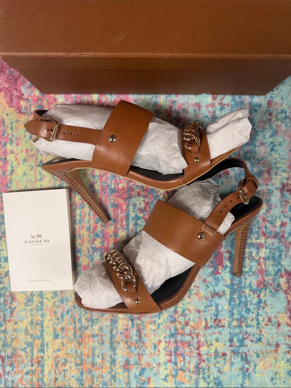 Coach Tan Leather High-Heel Sandals with Gold Chain